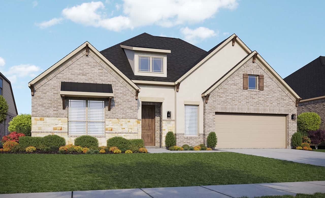 Elegant Brick House with Dark Roof and Garage in Brookewater:Brookewater's masterpiece: Brick façade, dark roof, elegant lines create a refined architectural statement.