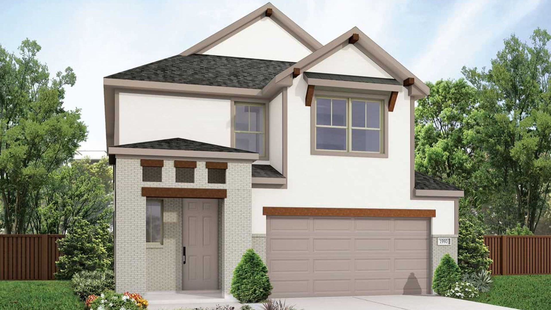 Modern Two-Story Home with Brick Facade in Pinehurst:Experience refined elegance in Pinehurst, featuring gabled roofs and a sophisticated brick and stucco exterior.