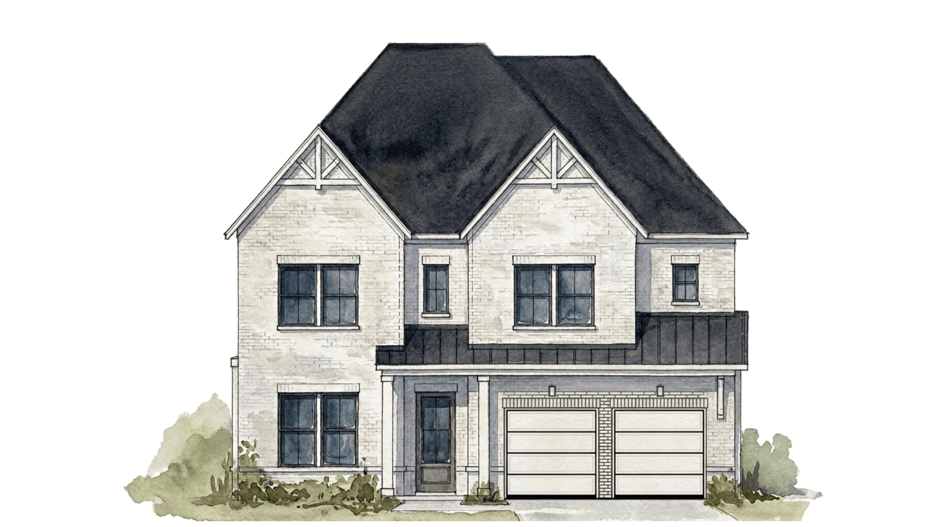Emmeline II Exterior Representation:Artistic representation of the Emmeline II plan with a full painted white brick exterior and split garage door.