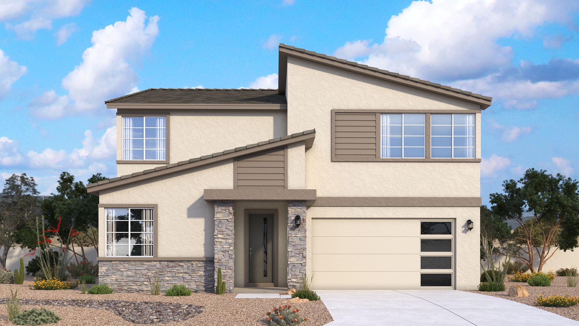 100017-Powell-Elevation 7-Gen3-elev:Mid-century modern Powell exterior with strong lines, balanced proportions and architectural details by DRB Homes in Arizona