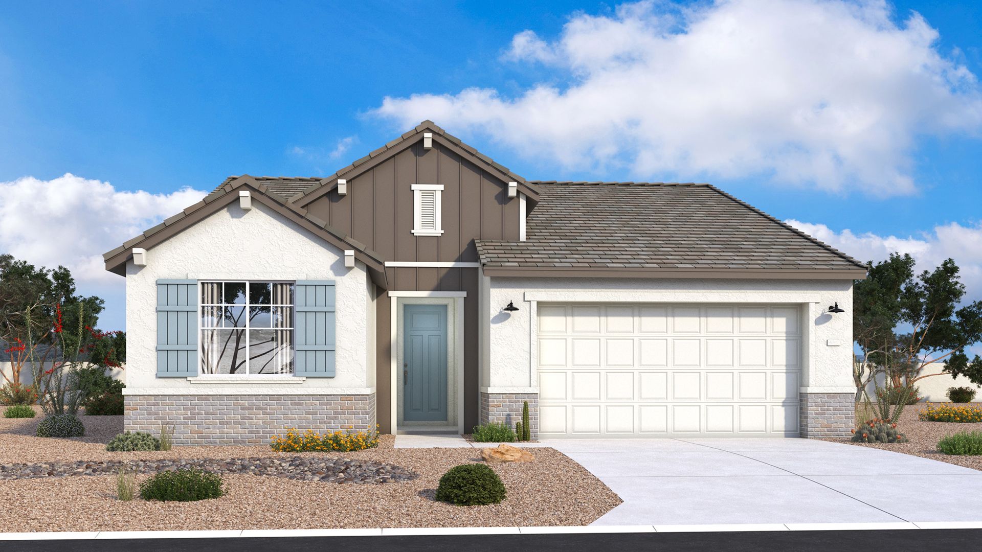100011-Bartlett-Elevation 6-Gen3-elev:Farmhouse-style Bartlett exterior with a pitched roof, clean lines and classic architectural details by DRB Homes in Arizona.