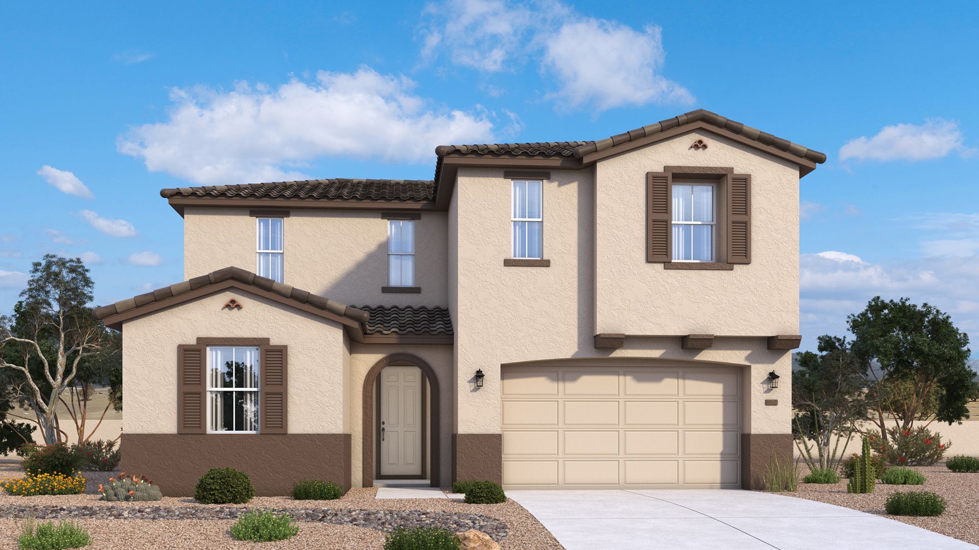 100016-Pleasant-Elevation 1-Gen3-elev:Spanish-style two-story Pleasant home exterior with warm stucco and rich arched architectural details by DRB Homes in Arizona