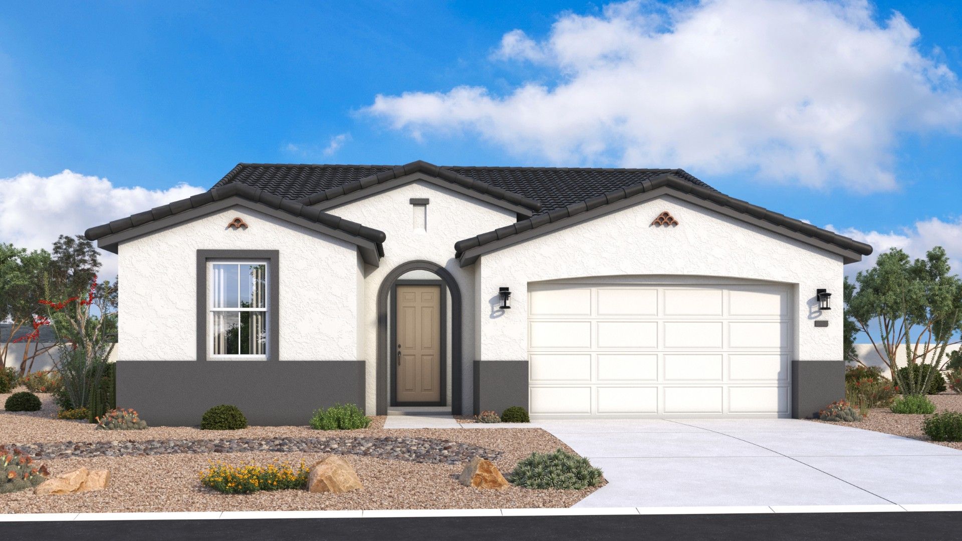 100014-Horseshoe-Elevation 1-Gen3-elev:Spanish-style single-level Horseshoe exterior with warm stucco, arches and timeless desert character by DRB Homes in Arizona.