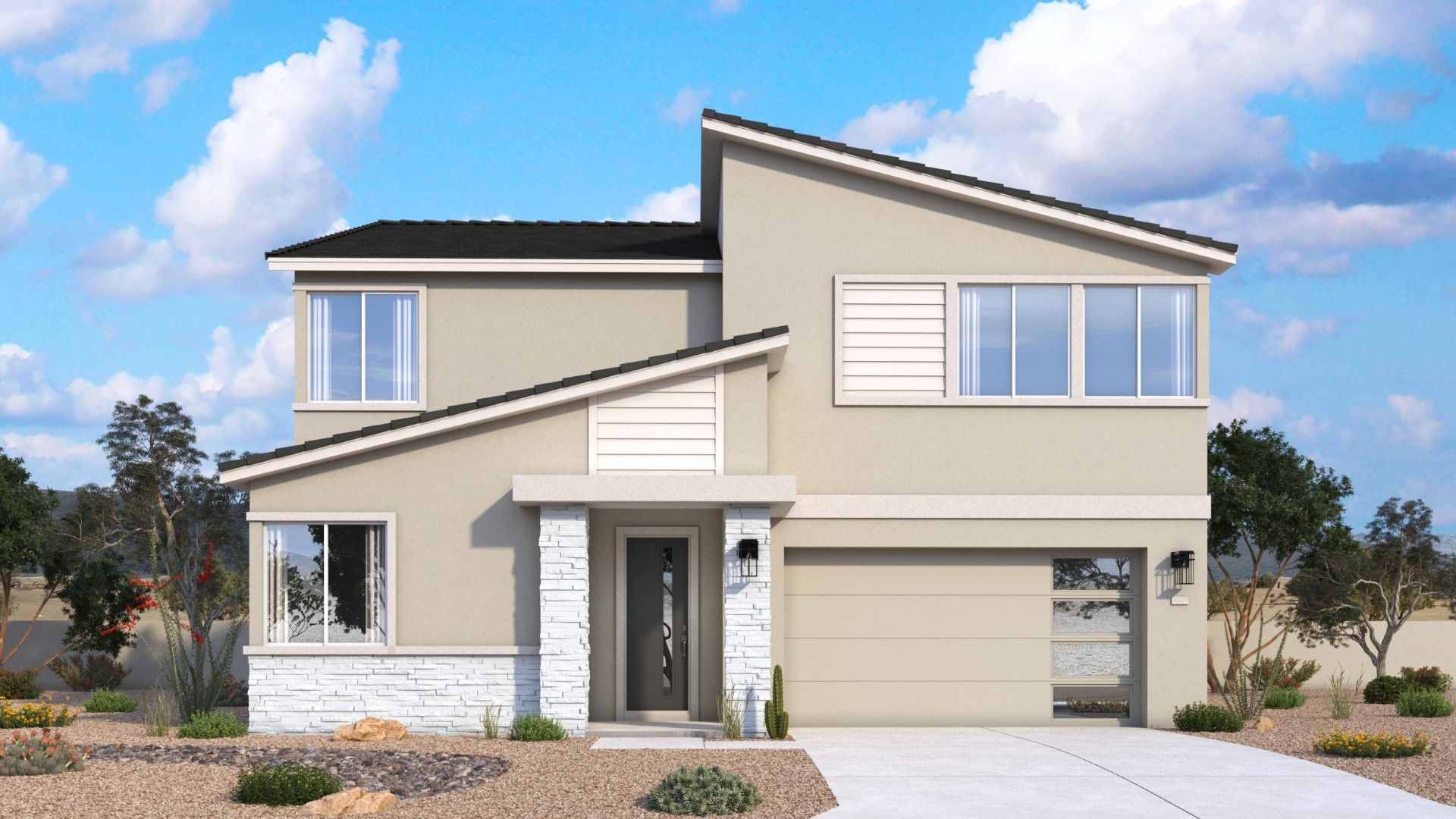 100017-Powell-Elevation 7-Gen3-elev:Mid-century modern Powell exterior with strong lines, balanced proportions and architectural details by DRB Homes in Arizona