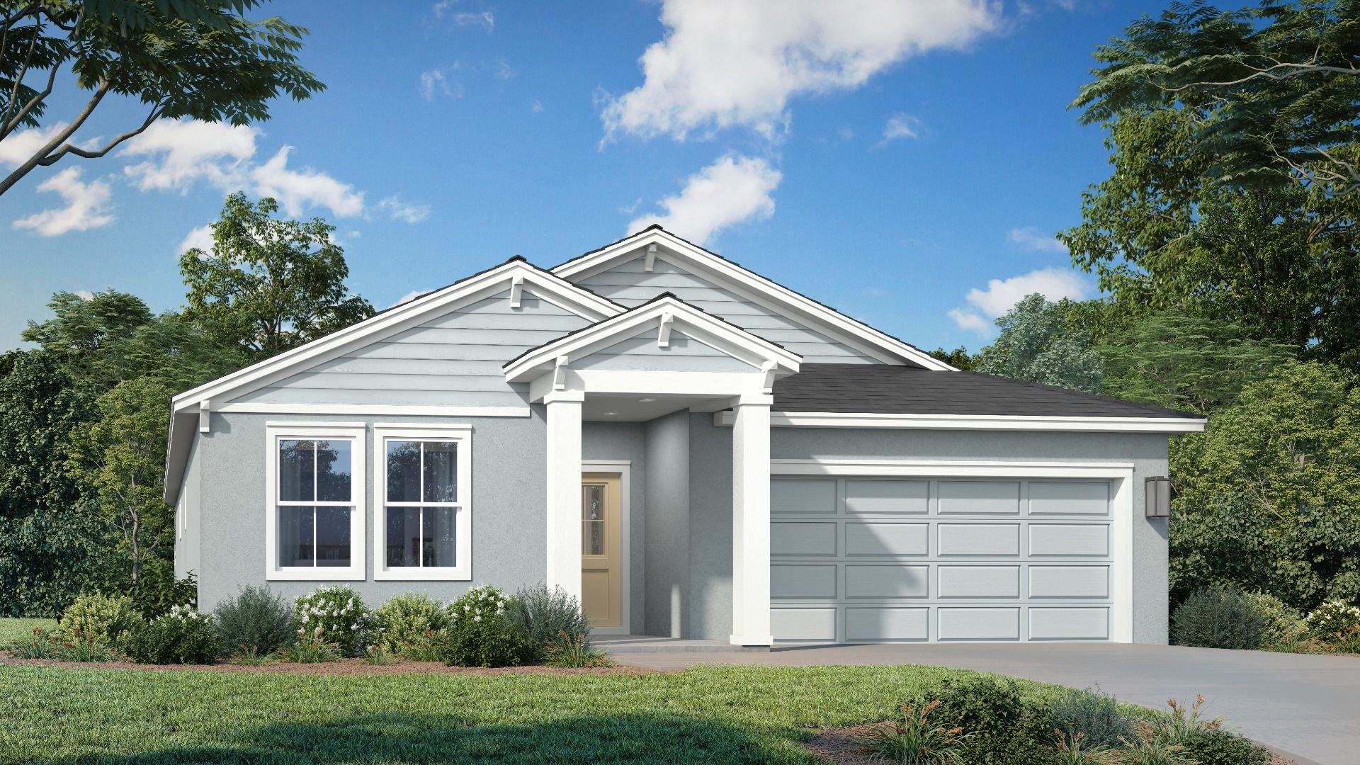 Castaway - Coastal Elevation:New construction single-story home with a 2-car garage, covered entry, and fresh landscaping in a peaceful, wooded setting.