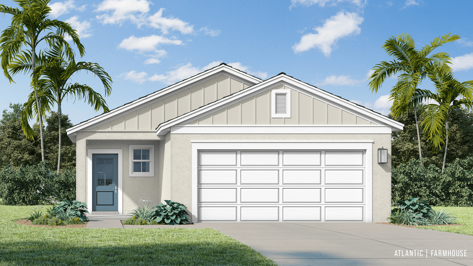 Atlantic Farmhouse:Atlantic Farmhouse Elevation by DRB Homes at Hamilton Bluff, a new construction home community in Haines City, Florida.