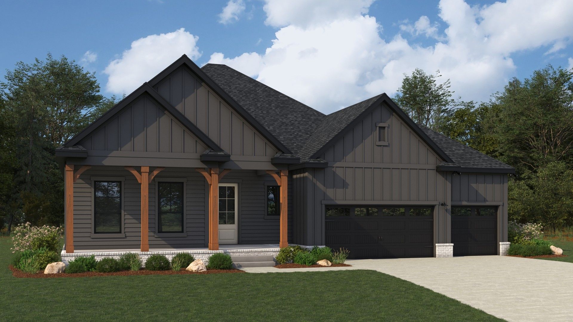 Elegant Black Farmhouse with Wood Accents, Brush Creek:This Brush Creek home showcases sleek black siding with wooden accents and a charming gable roof.