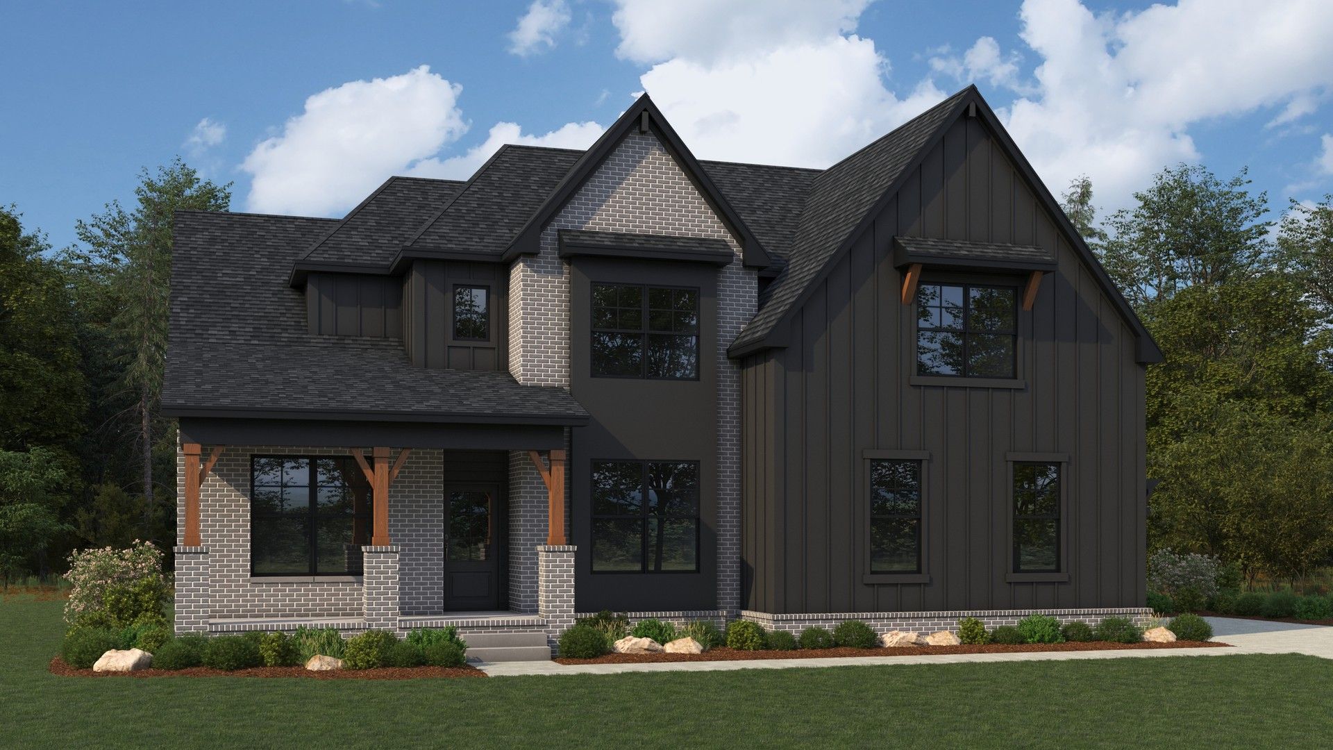 Modern Gray House with Brick Facade in Brush Creek:Elegant dark gray house with gabled roof and brick facade. Enjoy serene Brush Creek surroundings.
