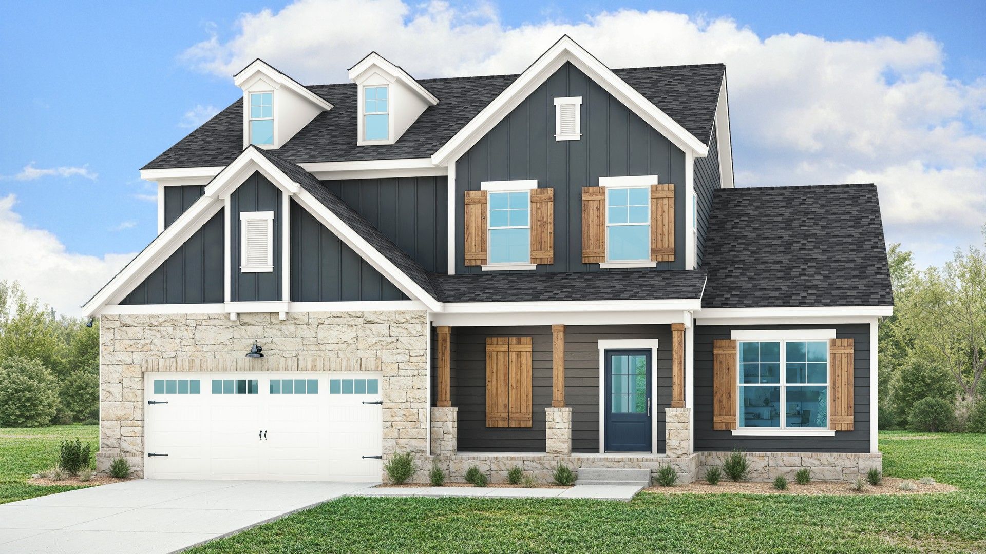 Modern Farmhouse with Stone Facade in Brush Creek Neighborhood:Elegant farmhouse with rustic wood shutters, sleek dark siding, and timeless stone accents in Brush Creek.