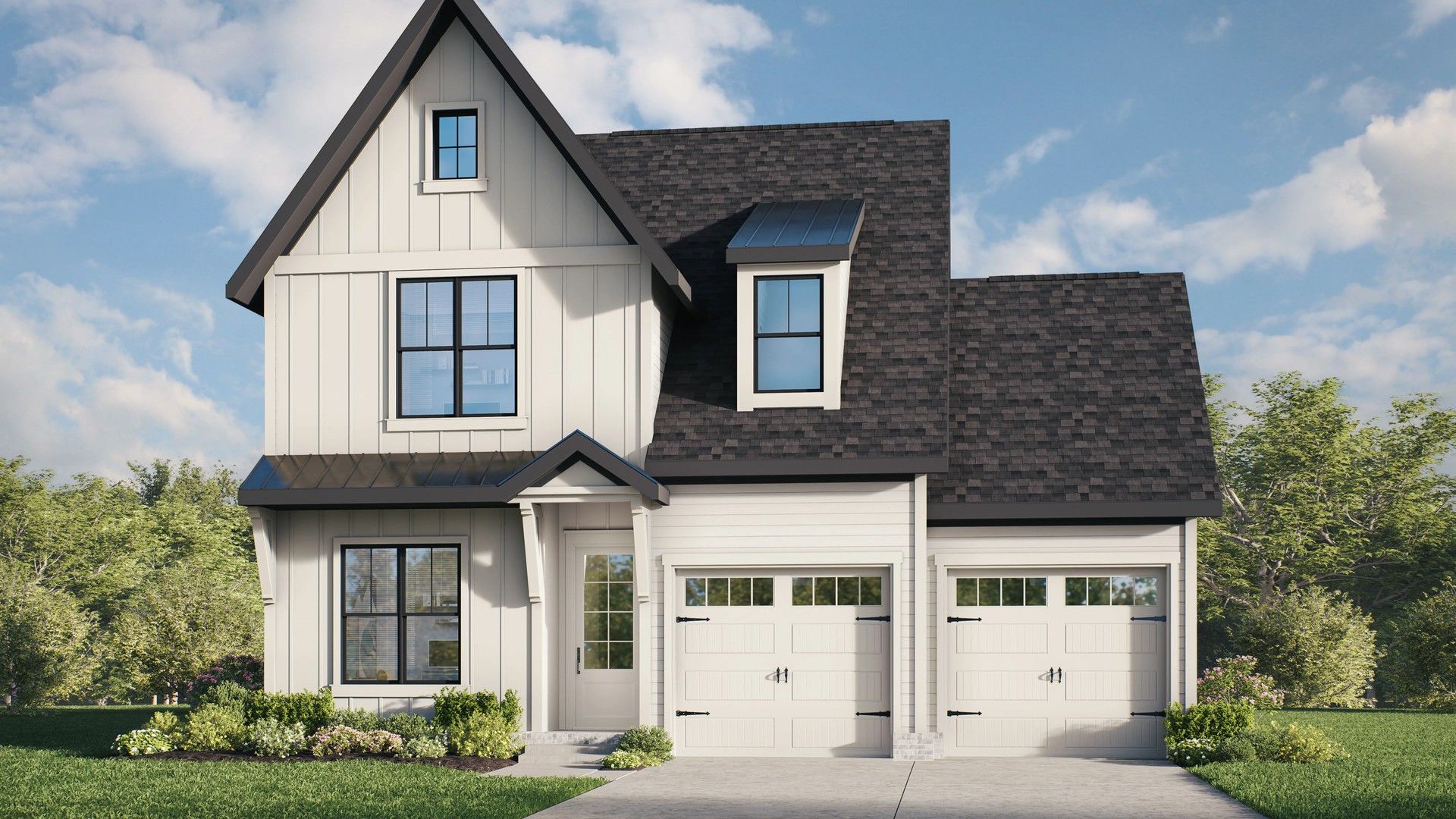 Modern Farmhouse with Gabled Roof in Shelton Square:Elegant gabled roof and black trim accentuate this modern residence in Shelton Square.