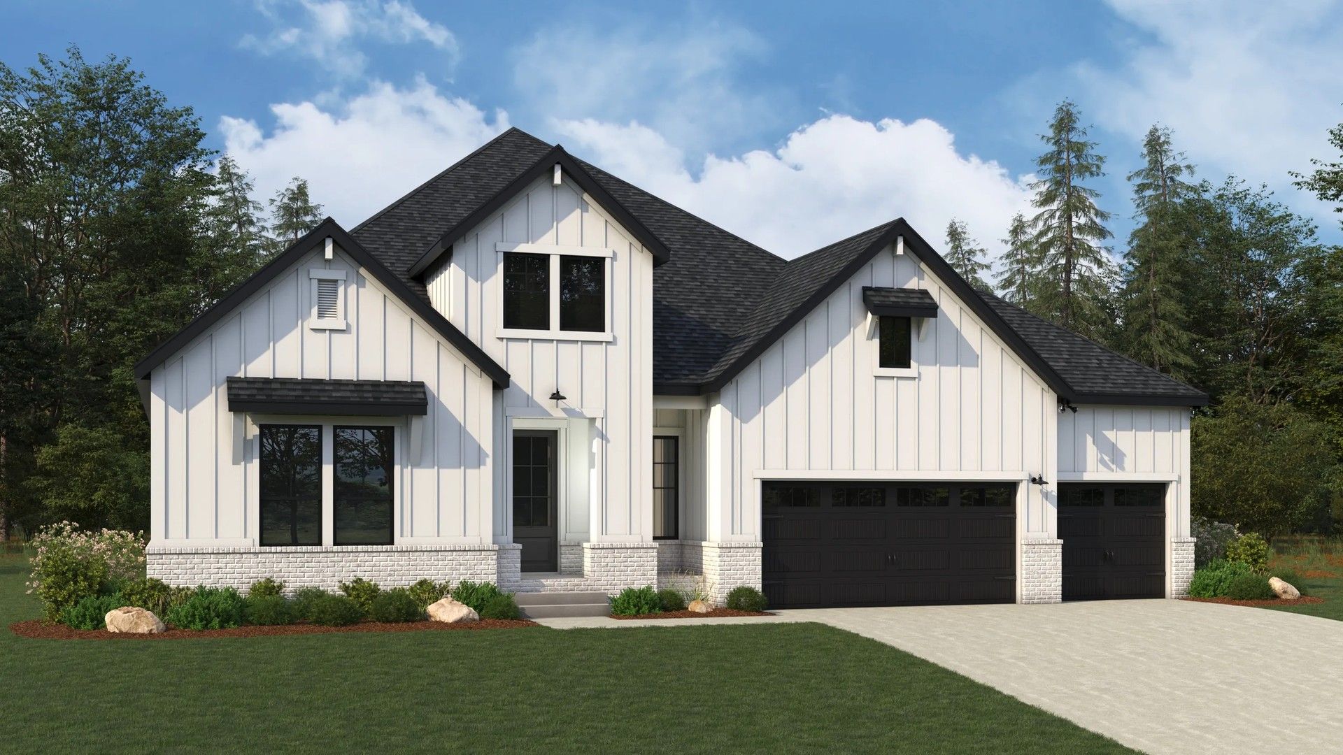 Modern Residential Architecture: Single-Family Home Design Render:3-Car Elevation B
