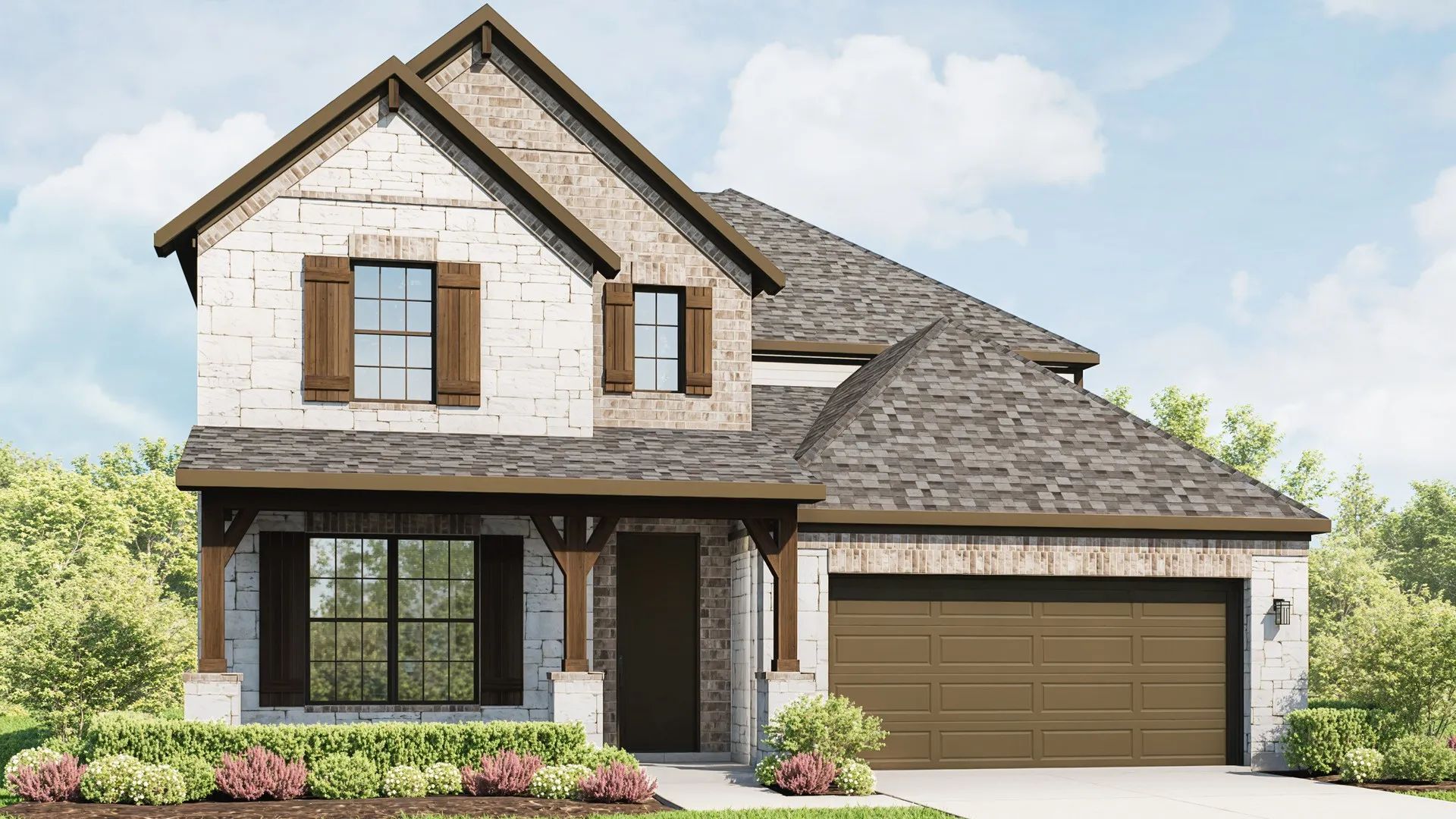 Modern Brick and Stone Home in Sunfield, Texas:Experience luxury with distinct stone facade, wooden shutters, and manicured landscaping in Sunfield, Texas.