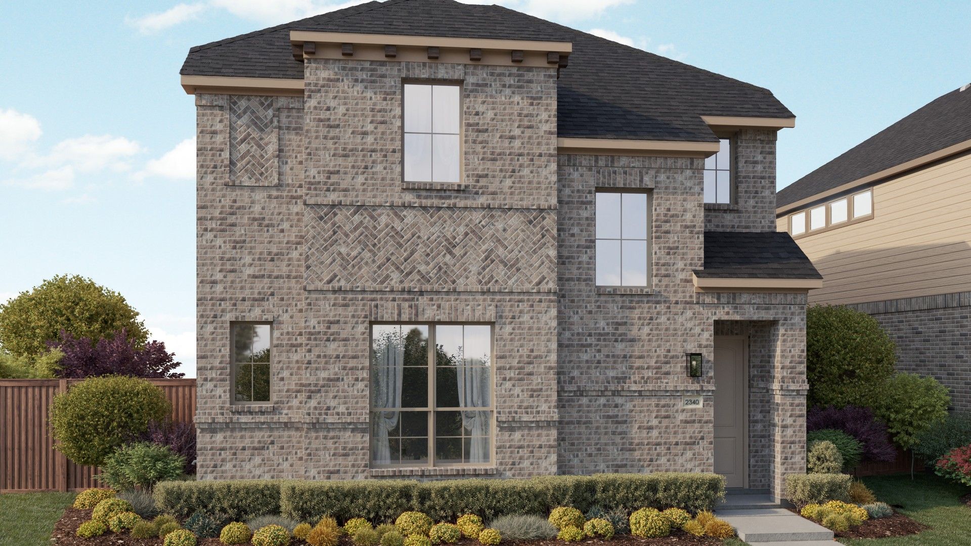 Modern brick residential home design with unique architecture.:Elevation A