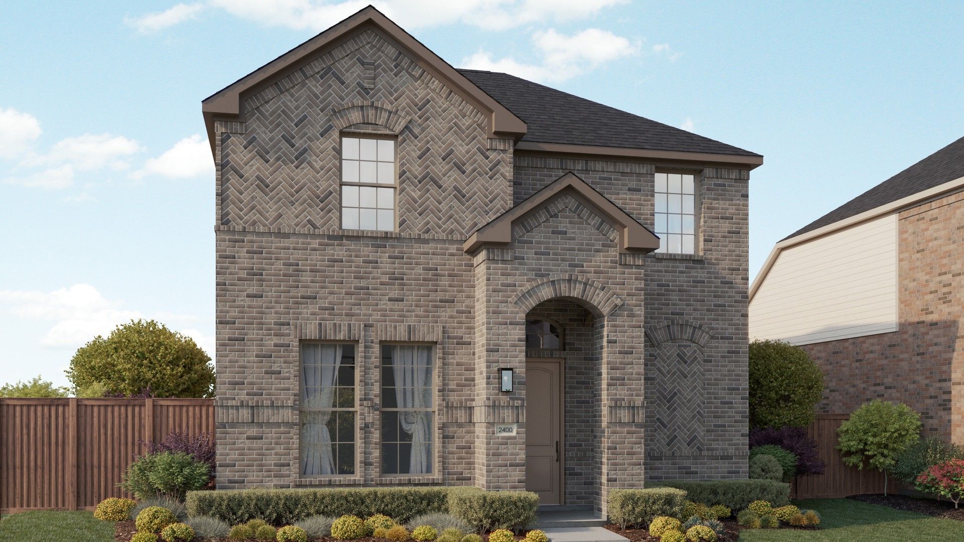 Modern single-family home design with brick architecture:Elevation A