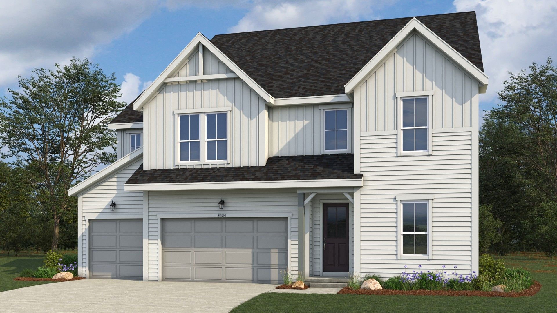 Modern White House with Gabled Roof in Montaine:Elegant two-story home in Montaine featuring a stylish gabled roof and spacious two-car garage.