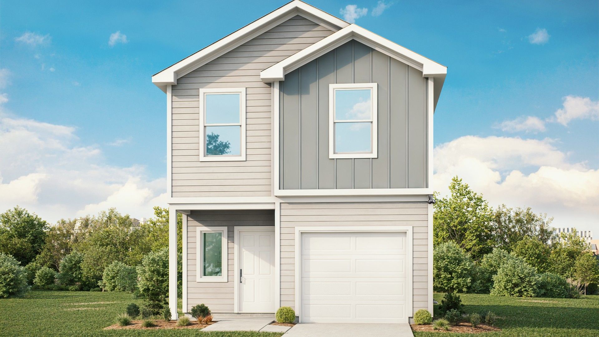 Aquamarine Plan:Elegant gabled roof and expansive windows highlight this modern Prairie Green residence's sophisticated design.