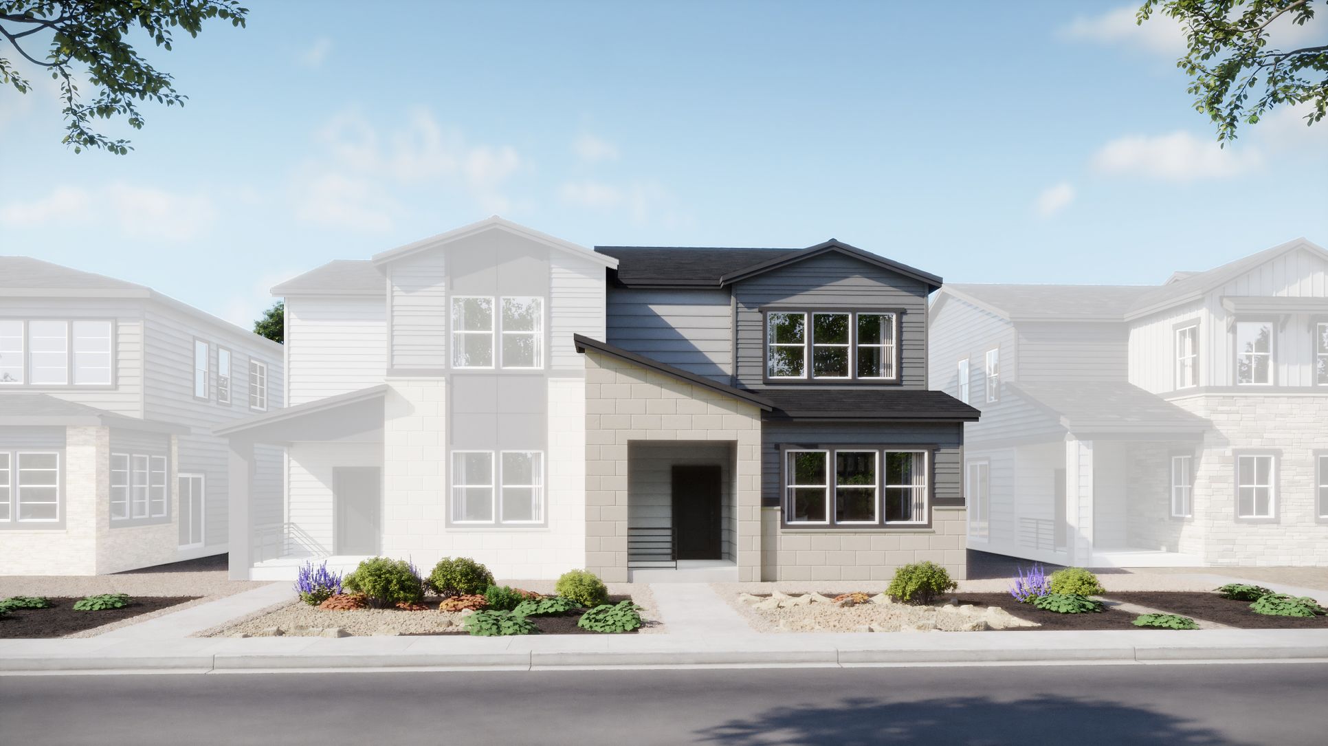 Duets Collection at Harvest Crossing - Plan 2502 - Mid Century Modern - Day - Rendering - Risewel...