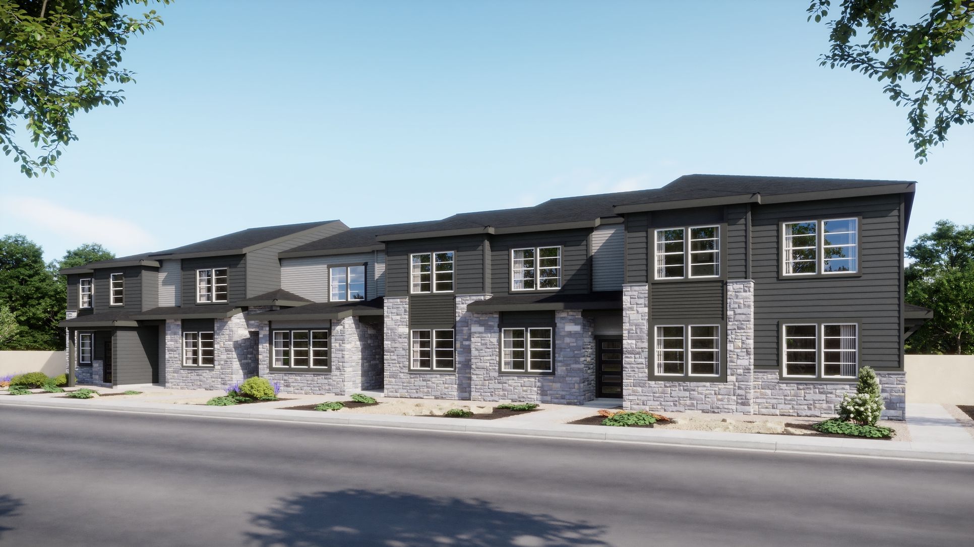 The Townes Collection at Harvest Crossing - Plan 6-C - Day - Exterior Rendering - Risewell Homes