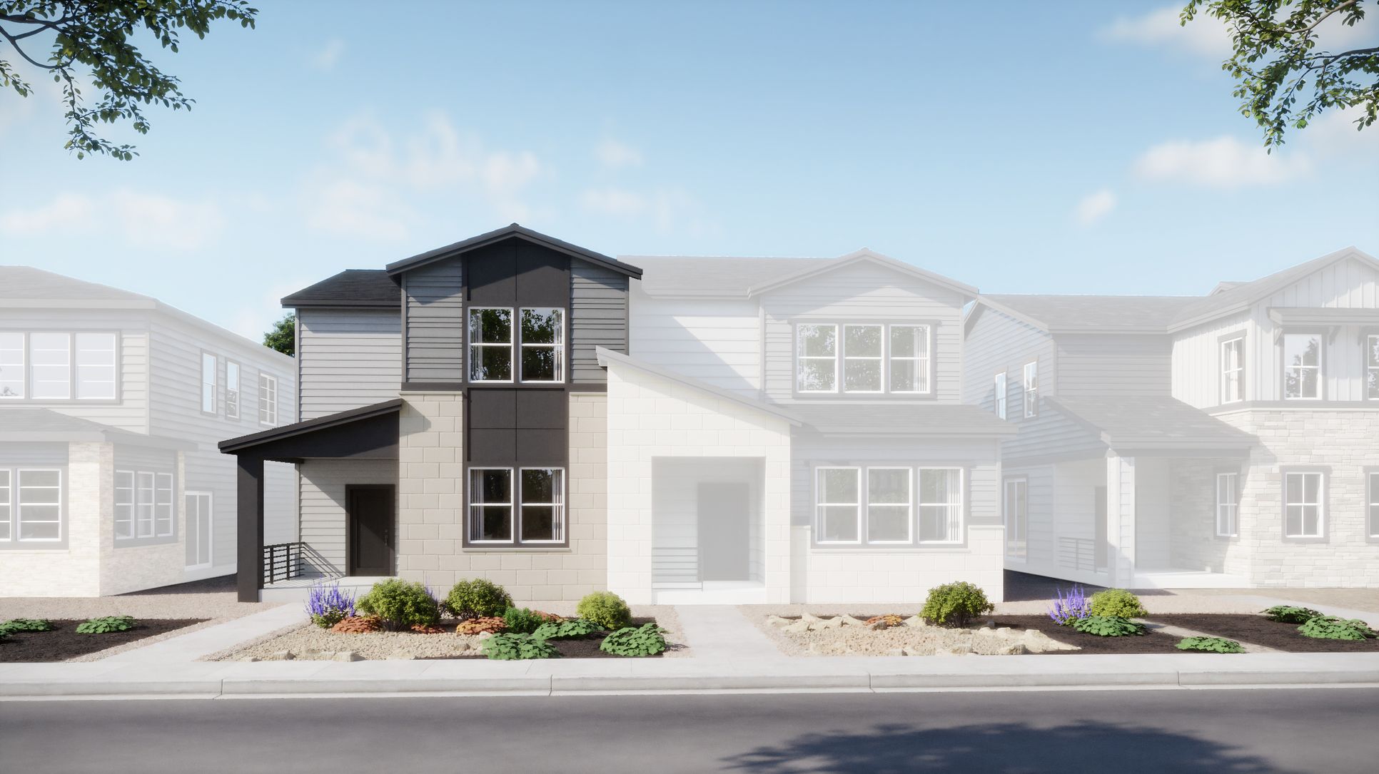The Duets at Harvest Crossing - Plan 2501 - Mid Century Modern - Day - Rendering - Risewell Homes