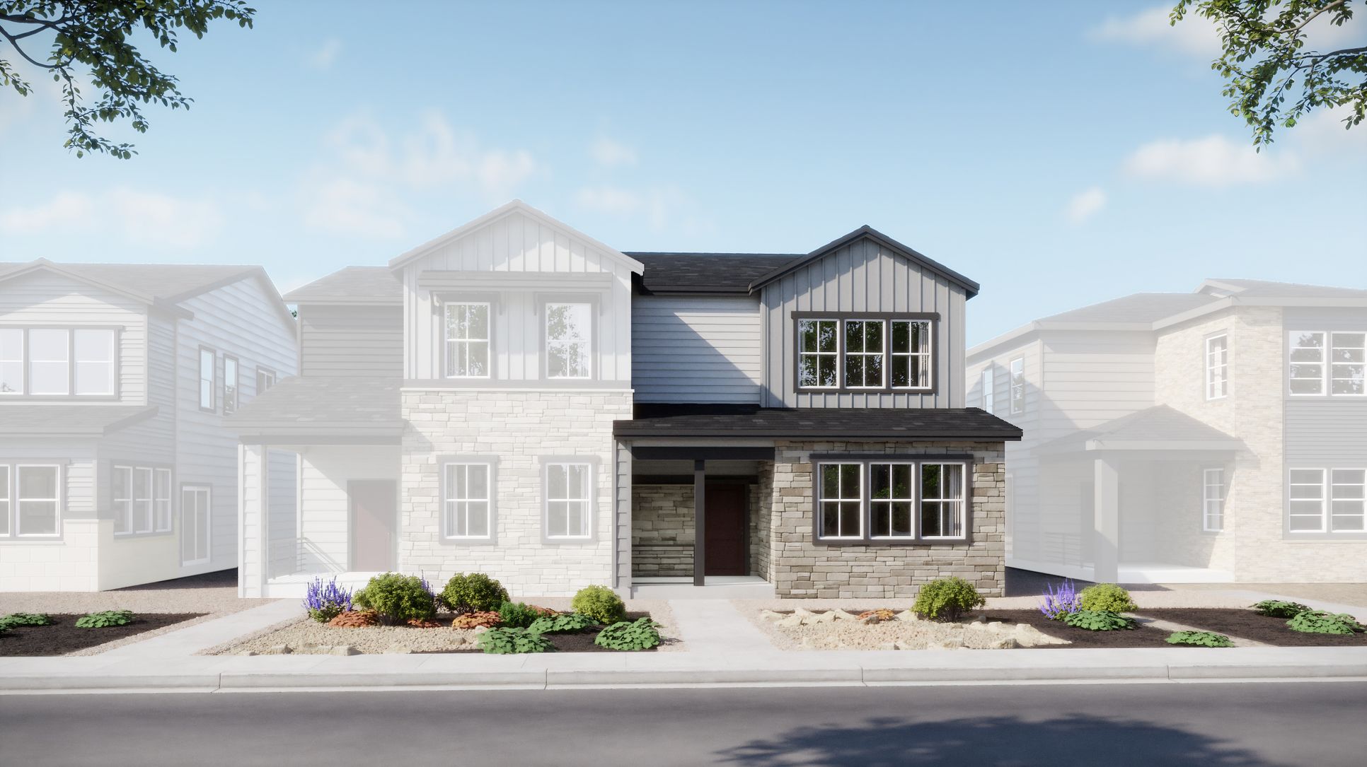 The Duets at Harvest Crossing - Plan 2502 - Farmhouse - Day - Rendering - Risewell Homes