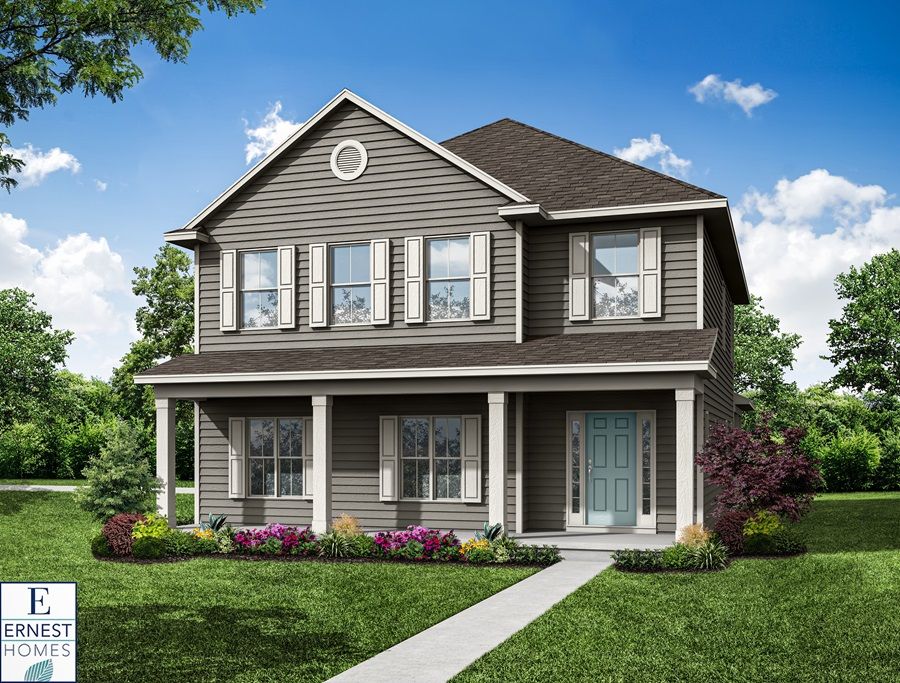 Front exterior view of the Aspen with two-story design covered entry. Dunham Marsh - 265 James Dr...:Aspen – Exterior Front View - 265 James Drive | Ernest Homes