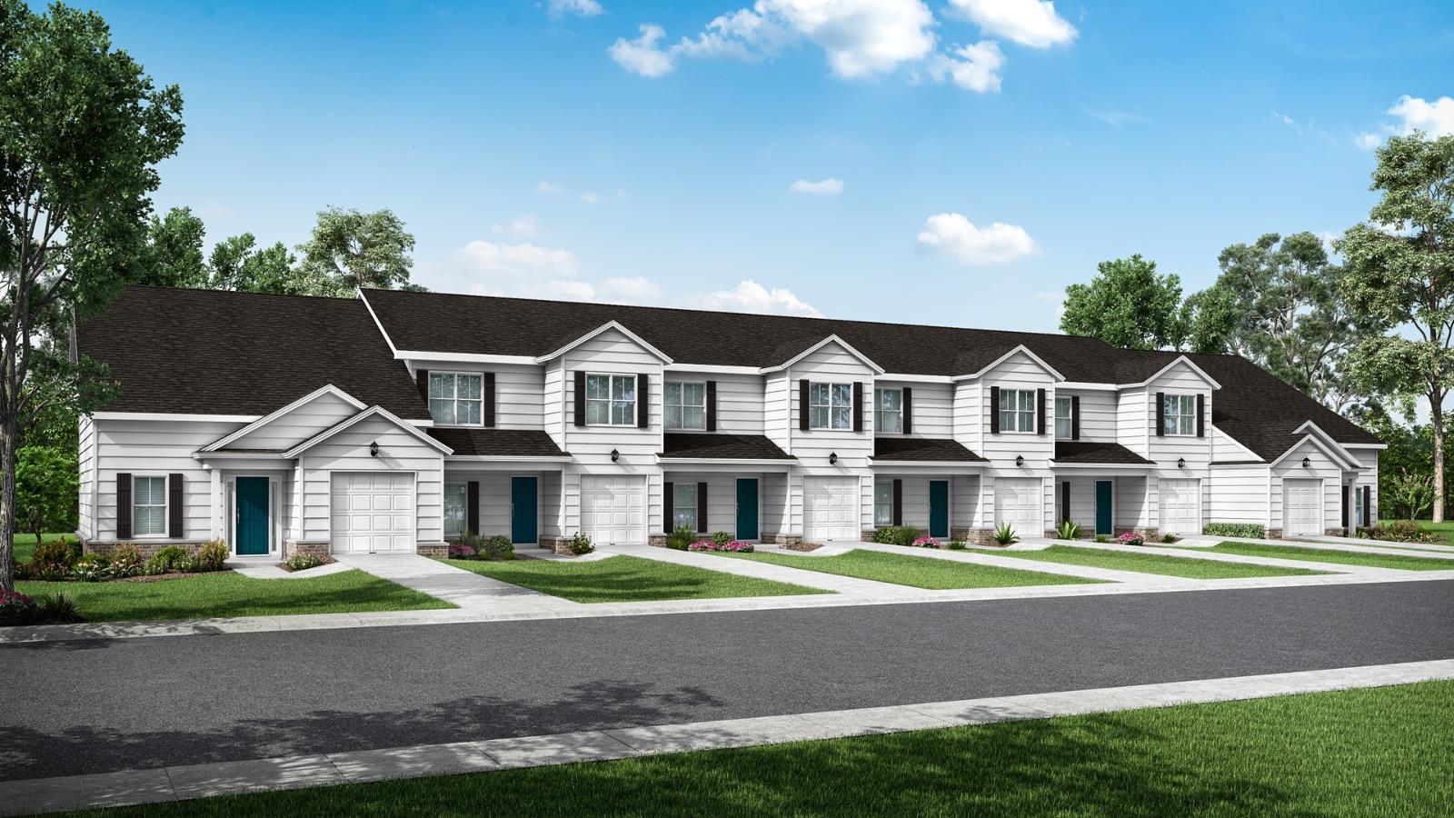 New construction townhome exterior rendering at New Haven at Belmont Glen in Guyton, Georgia.:Townhomes in New Haven at Belmont Glen | Ernest Homes