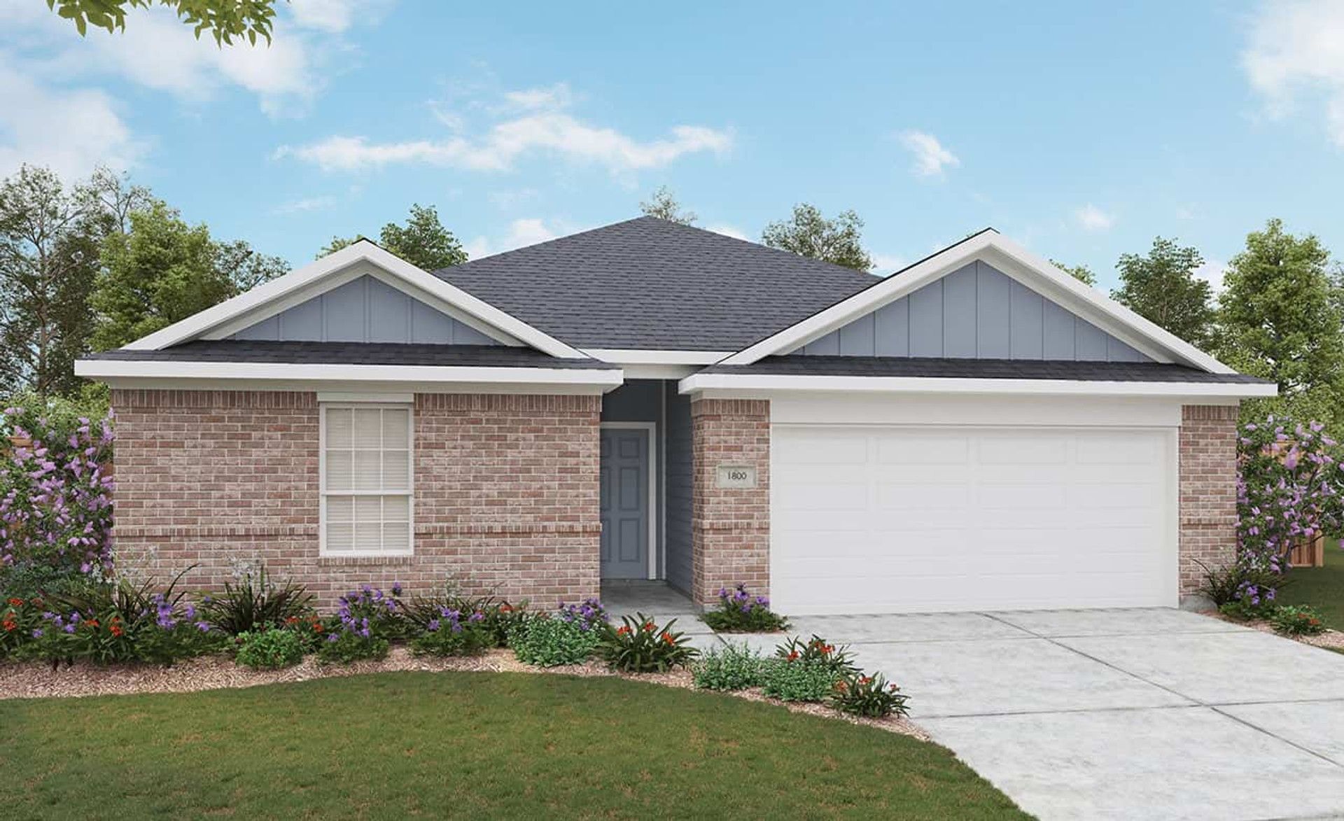 Modern residential home design with brick architecture.:Elevation B