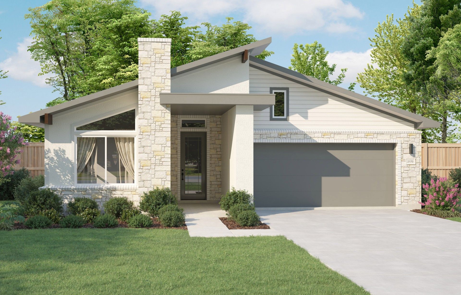 Contemporary Home with Stone Chimney in Lakeside Meadows:Luxurious stone facade and sleek two-car garage define this Lakeside Meadows residence's modern elegance.