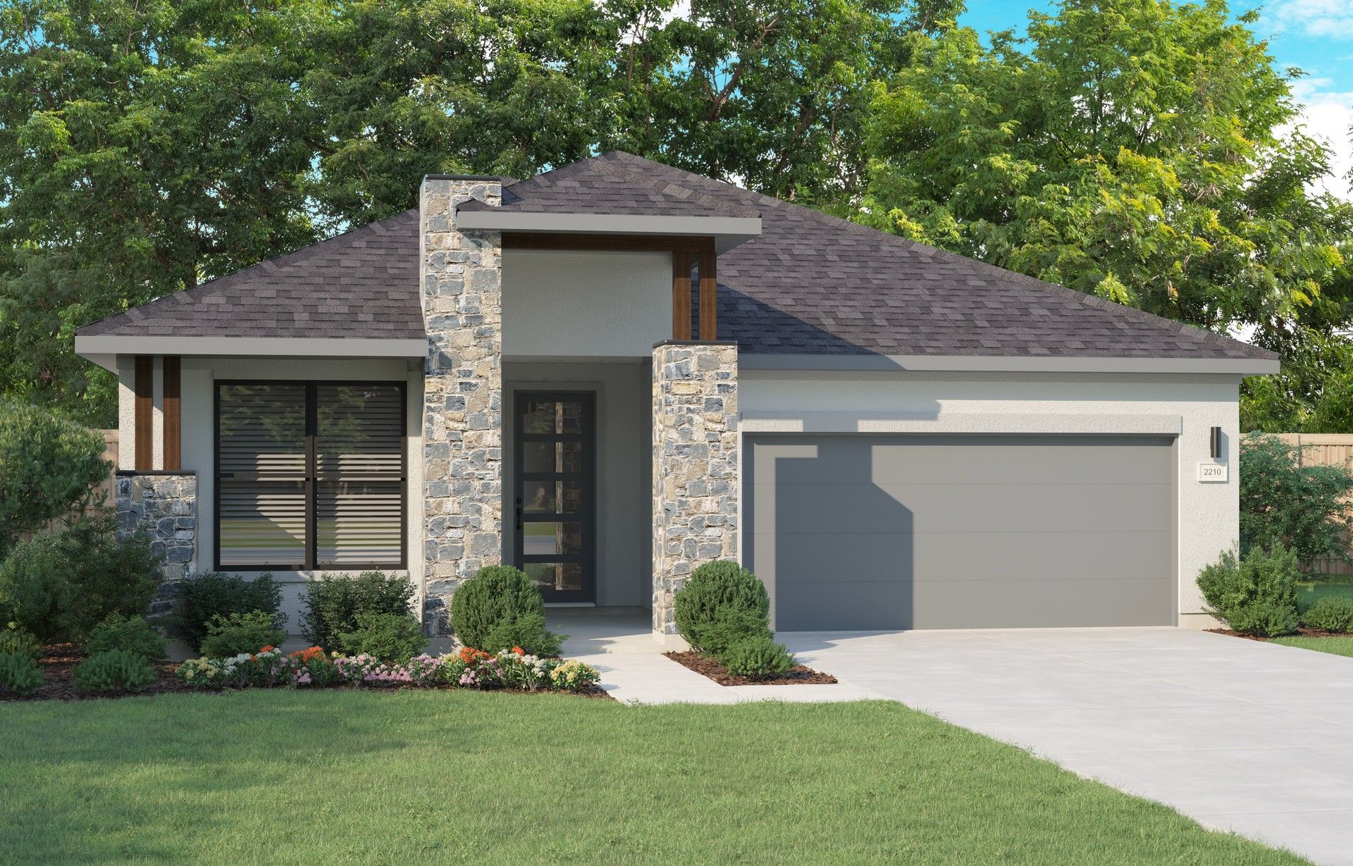 Elegant Stone Facade Ranch Home in Lakeside Meadows:This exquisite stone facade and modern design define luxury in the serene Lakeside Meadows estate.