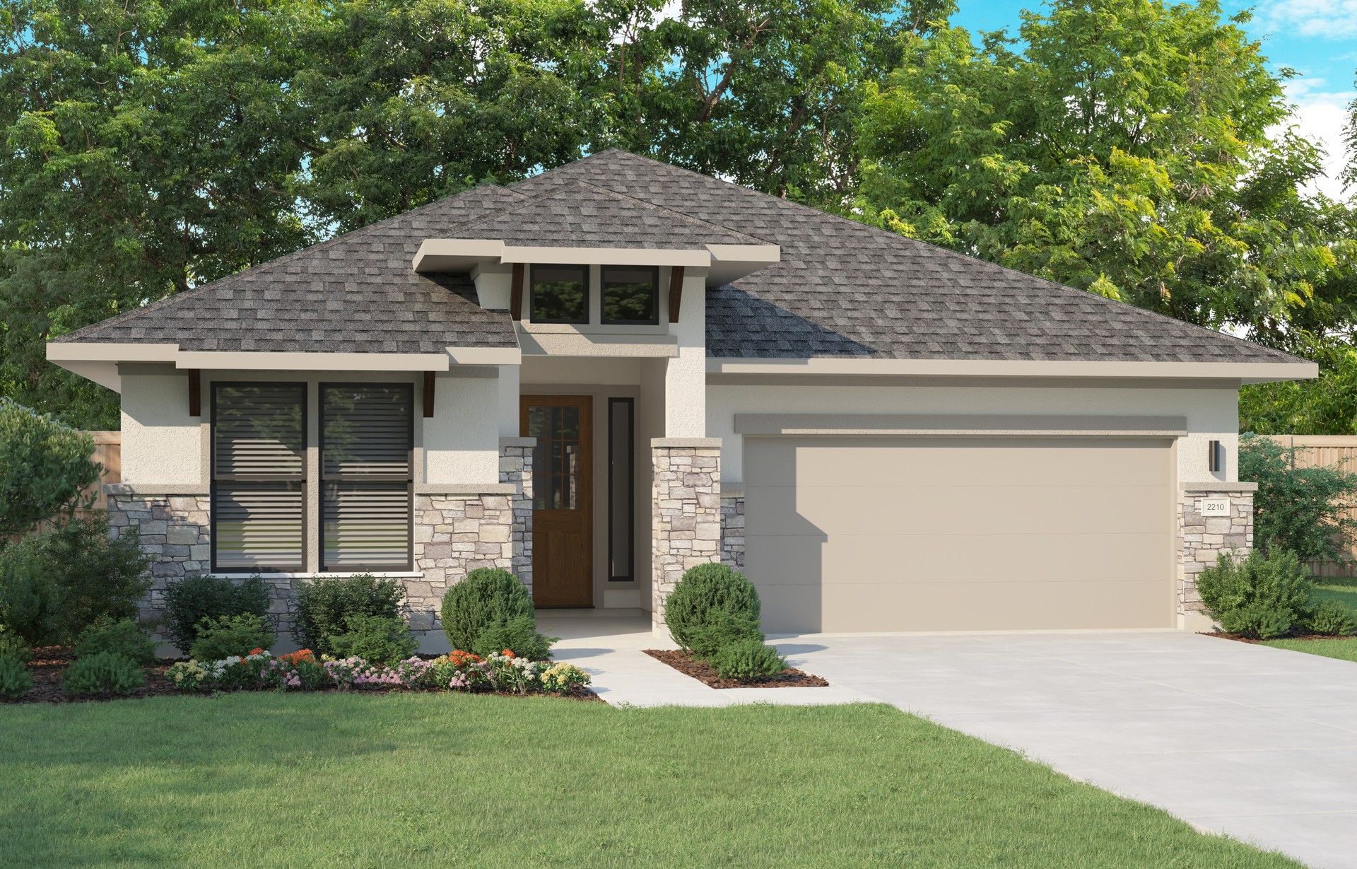 Modern Stone Facade Home at Preserve at Lakeside Meadows:Impeccable stonework and sleek design define this home's elegant facade in Preserve at Lakeside Meadows.