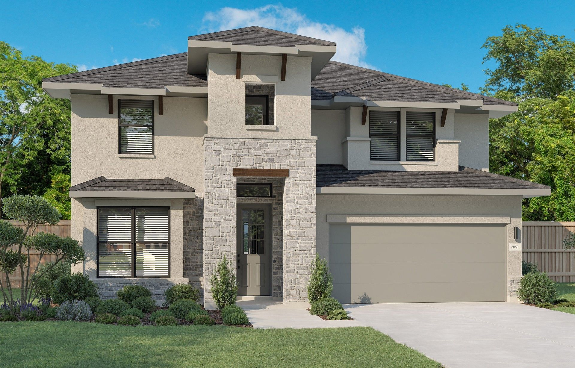 Modern Home with Stone Facade in Preserve at Lakeside Meadows:Exquisite stone facade with sleek lines and lush landscaping in Preserve at Lakeside Meadows. Luxurious yet inviting.