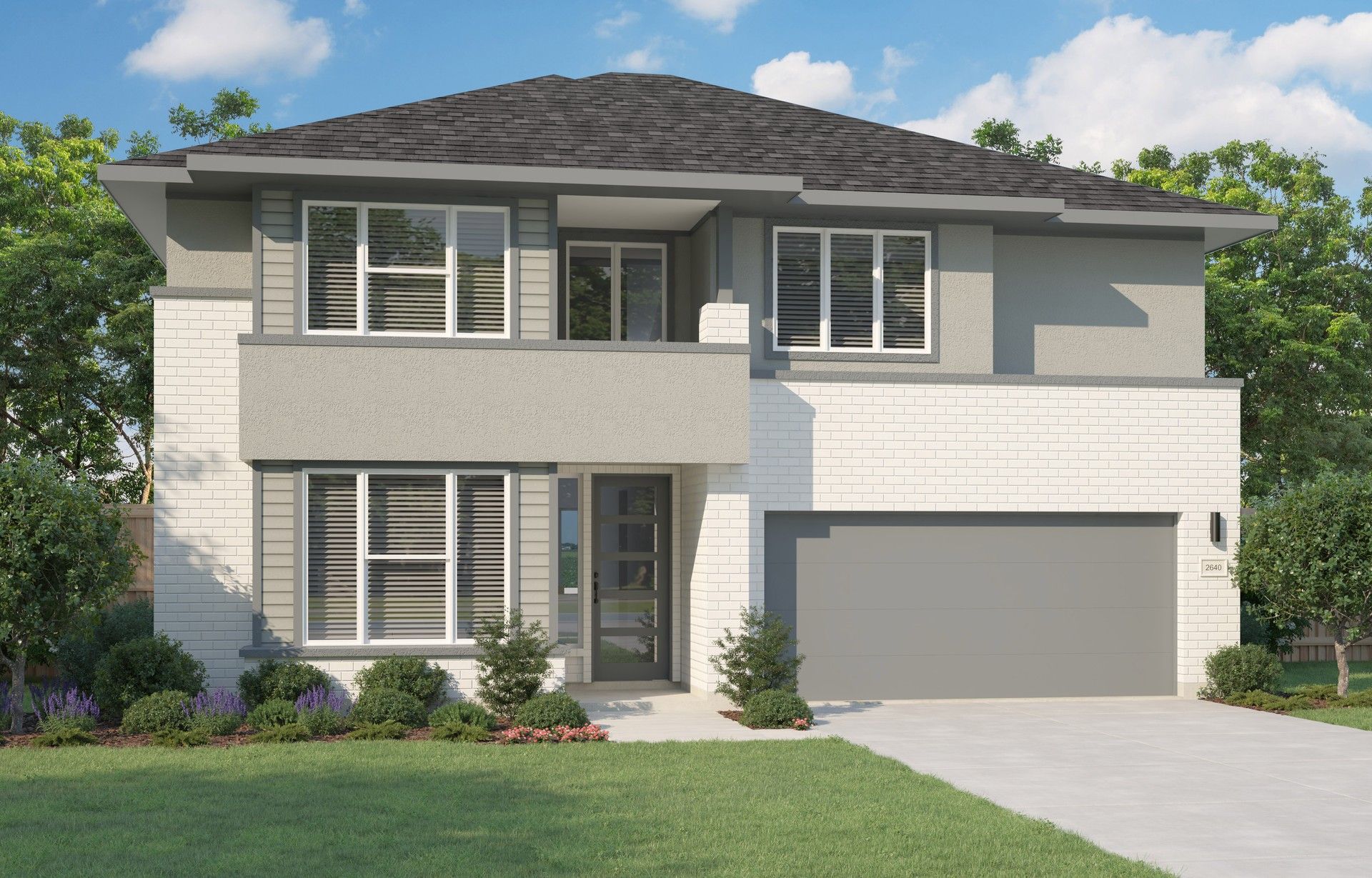 Contemporary Two-Story Home at Preserve at Lakeside Meadows:Experience luxury with expansive windows and elegant brick facade in this Preserve at Lakeside Meadows home.