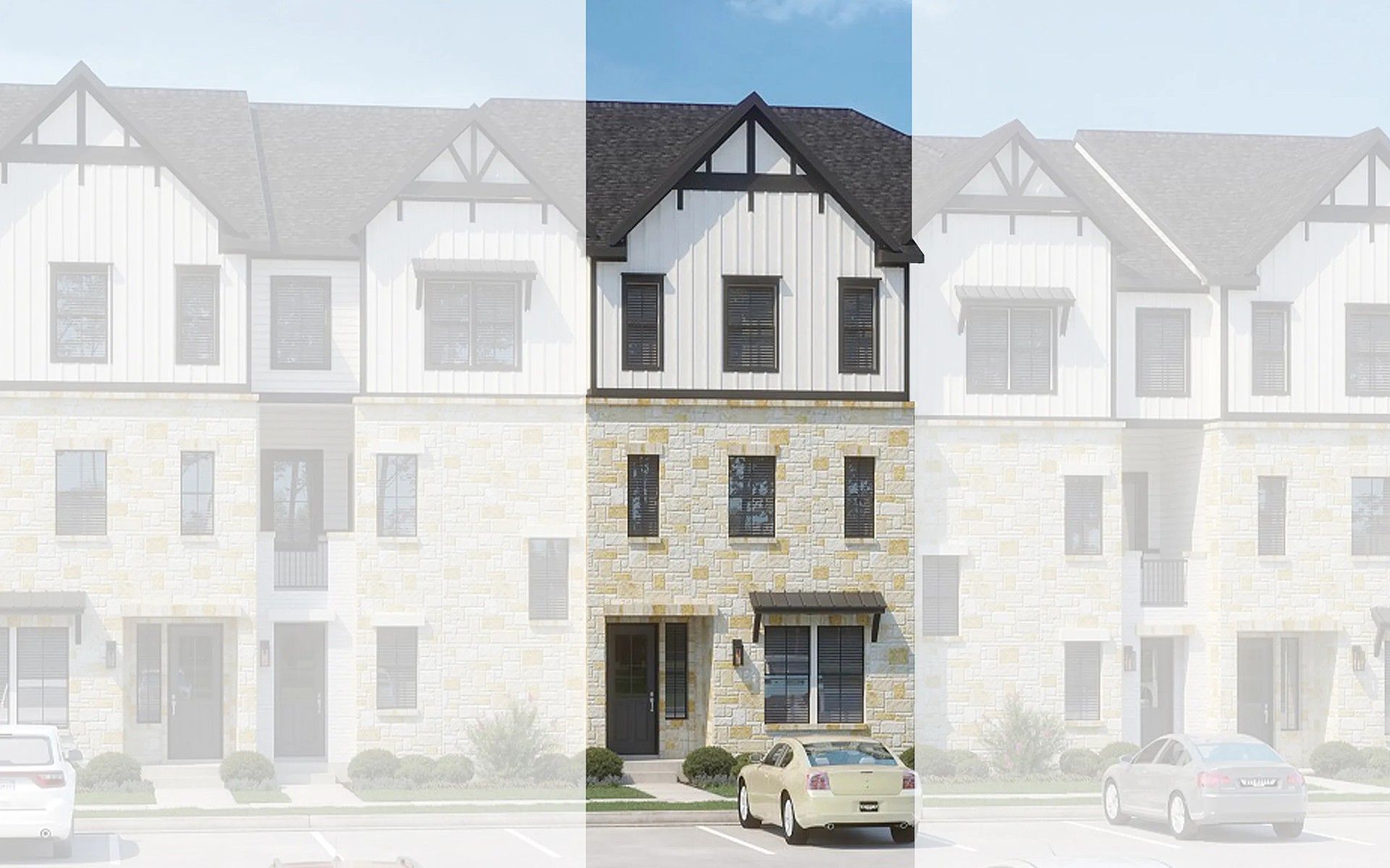Modern Townhouse at Collin Creek with Stone and Wood Facade:Luxury townhouse in Collin Creek features stone facade, elegant wood accents, steep gable roofs for refined living.