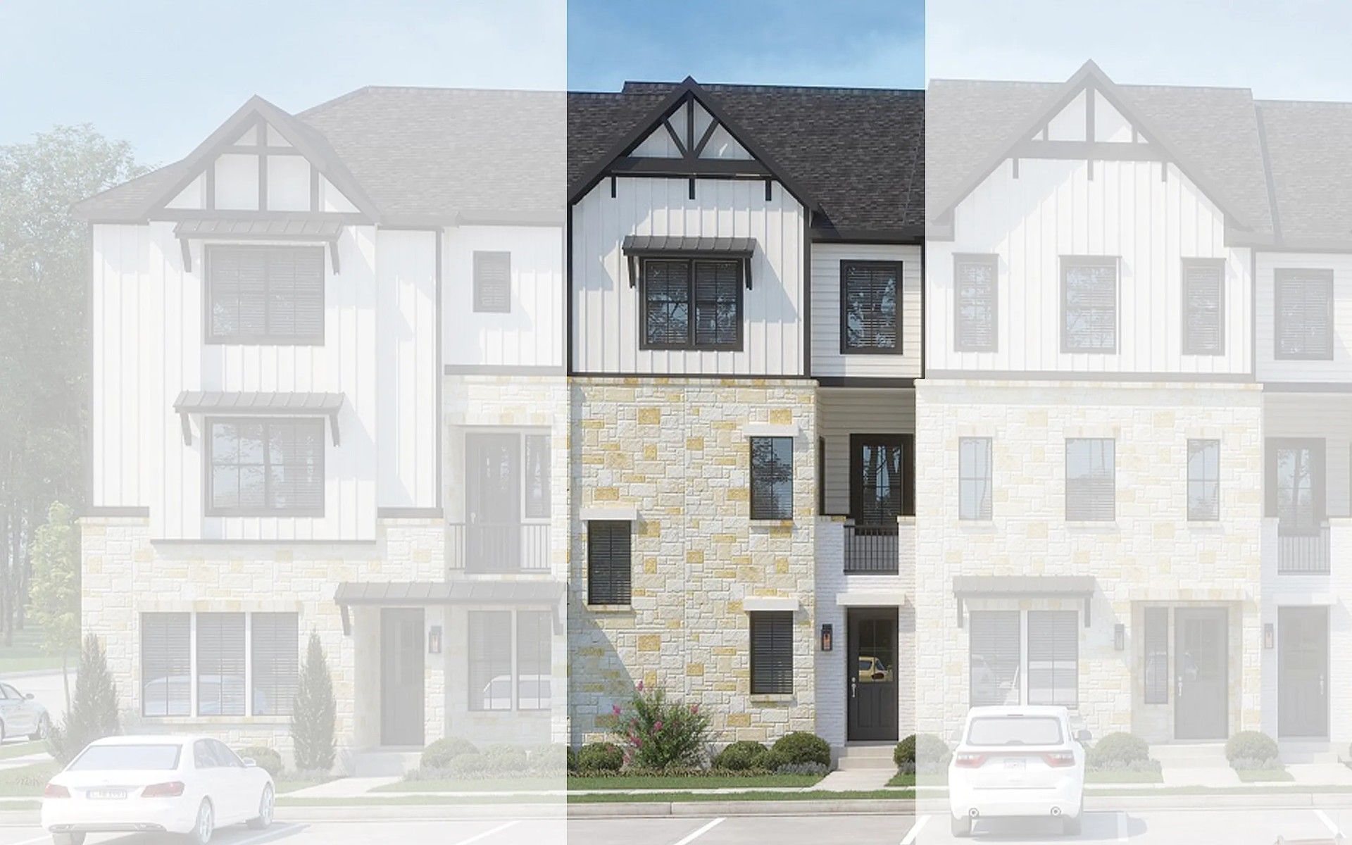 Modern Tudor Townhouse at Collin Creek with Stone Facade:Exquisite Tudor-style townhouse with elegant stonework and refined black accents in prestigious Collin Creek.