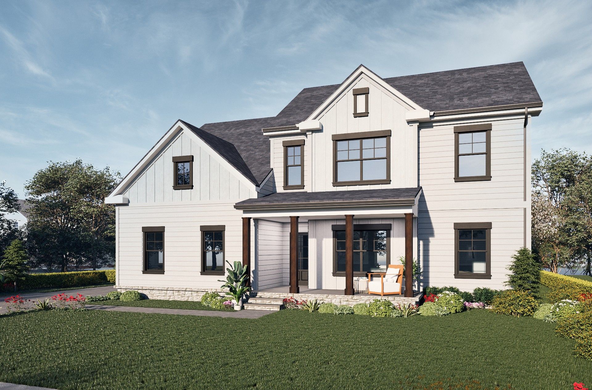Modern Two-Story House with Gable Roof in Natchez, Richvale Estates:Elegant wood siding and gable roof enhance this Natchez home's timeless allure at Richvale Estates.