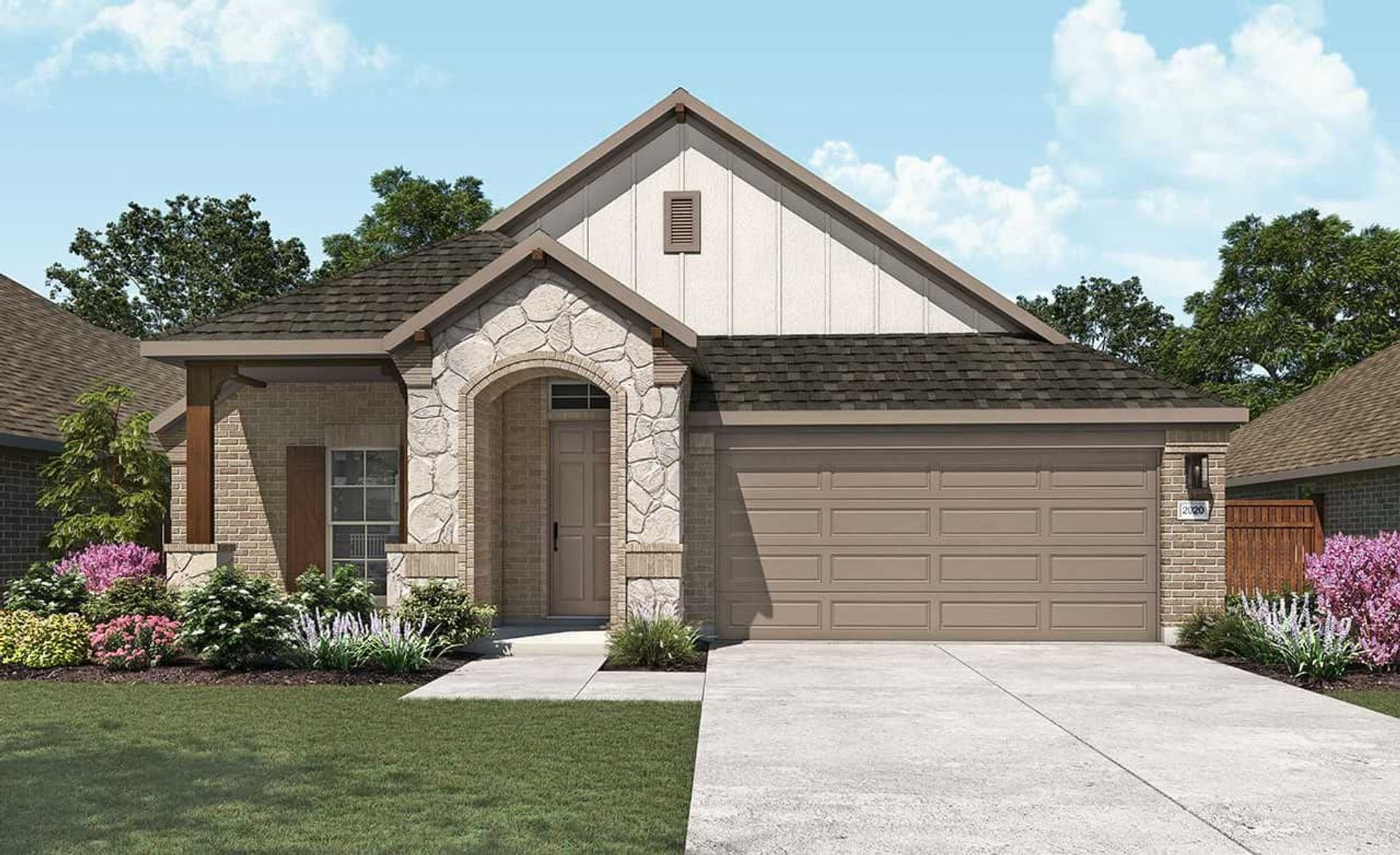 Laurel at Carillon House with Stone Facade and Arched Entryway:Experience elegance with a stone facade and arched entry, nestled in the prestigious Laurel at Carillon community.