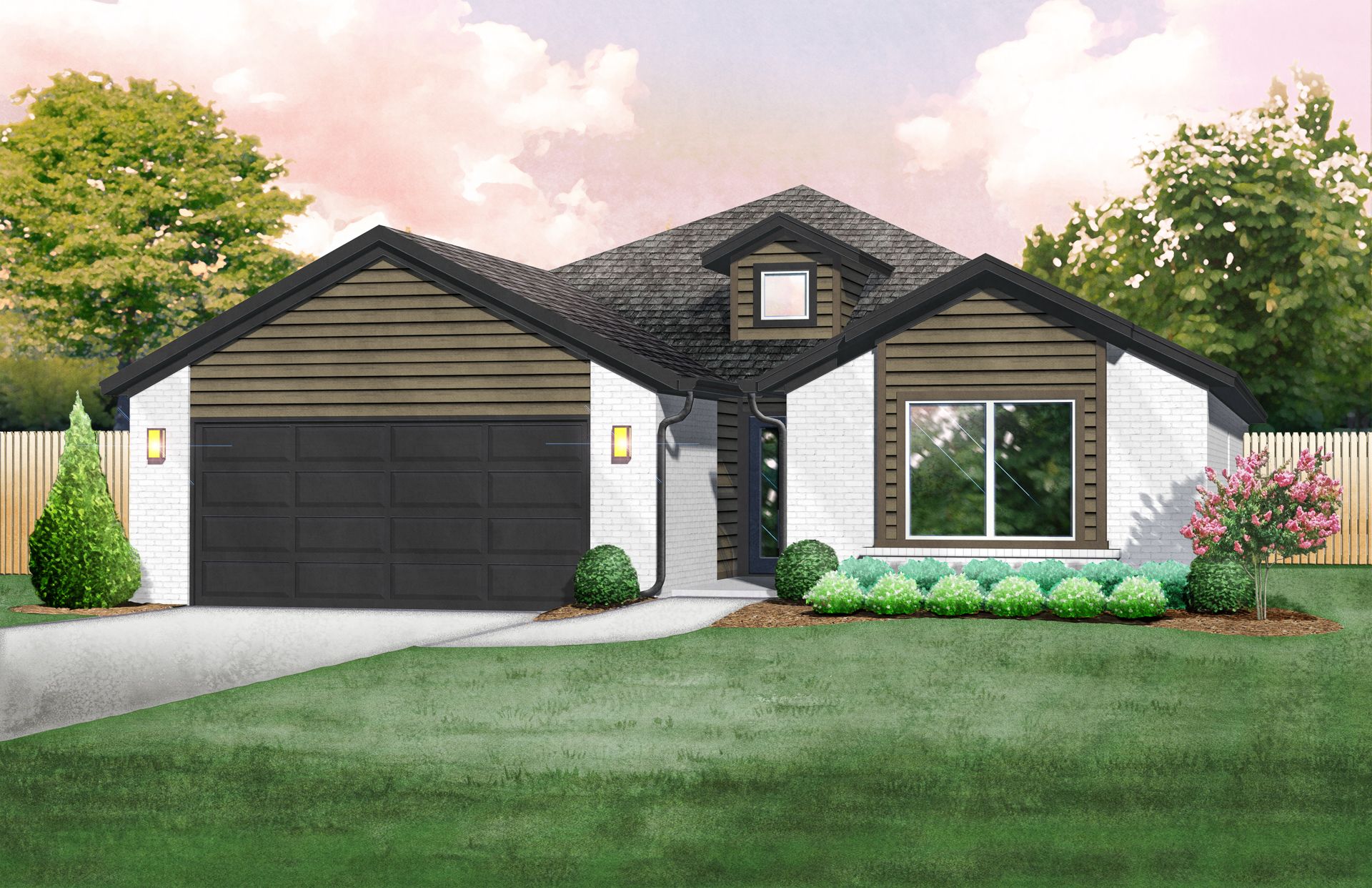 This is a Mid Century Modern elevation: The front is painted brick with stained cedar lap and ga...:Fitzgerald Mid-Century Modern - Elevation A