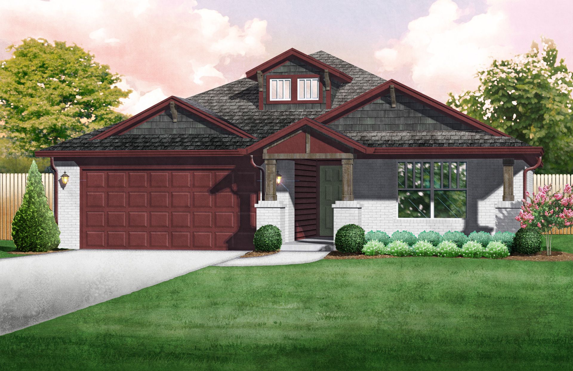 This is a Craftsman Elevation: It offers a large covered front porch, brick column bases with ce...:Fitzgerald Craftsman - Elevation E