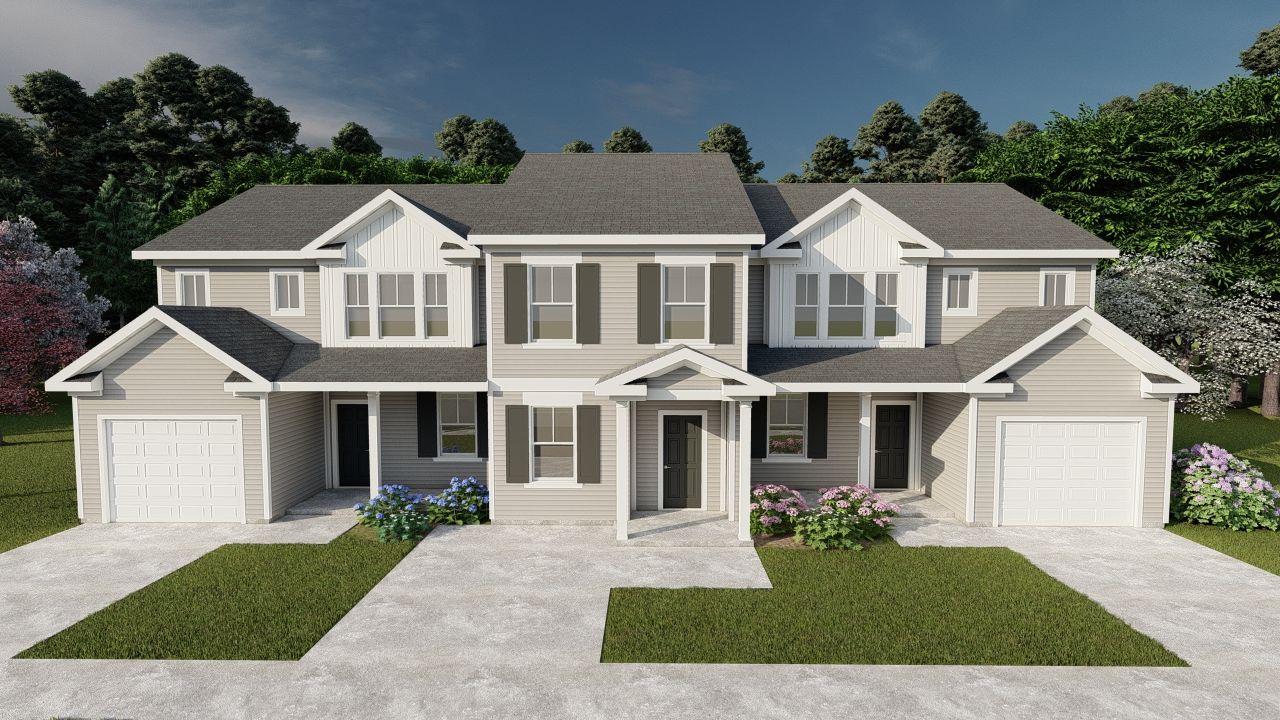 An architect rendering of the front exterior of a brand new 3-bedroom townhome for sale by Ivey H...:Athens Three Bedroom Townhome Rendering