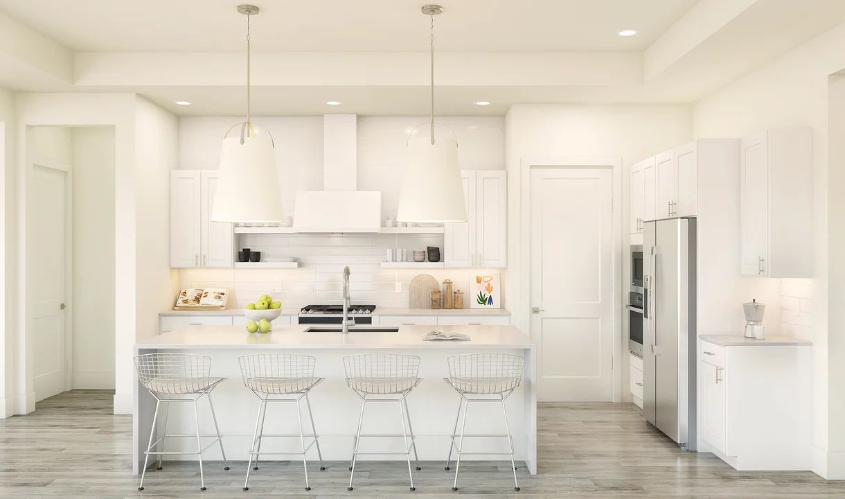 Interior:Kitchen with pendant lighting and floating shelves