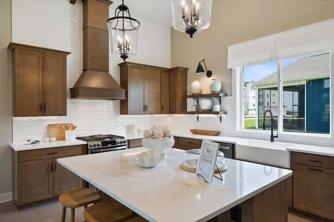 Interior:Kitchen with island, pendant lighting and tile backsplash