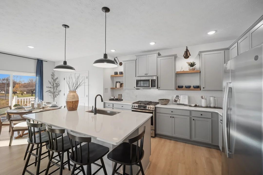 Interior:Kitchen with island, pendant lighting and open shelving