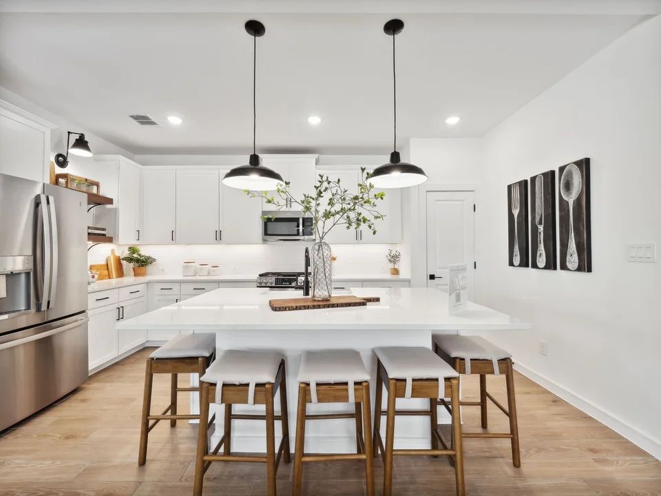 Interior:Kitchen with pendant lighting and floating shelves