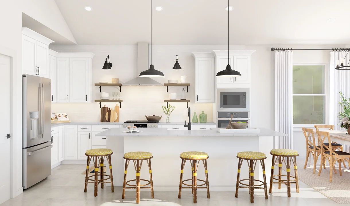 Interior:Kitchen with pendant lighting and floating shelves