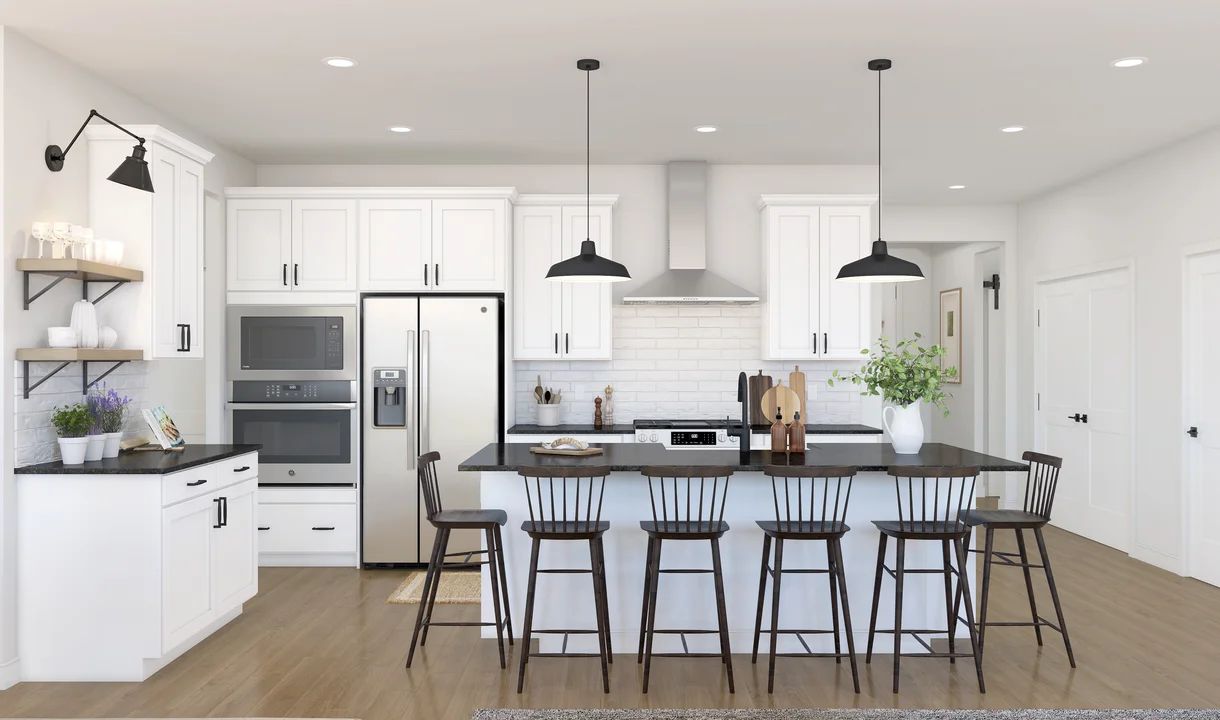 Interior:Kitchen with pendant lighting and floating shelves