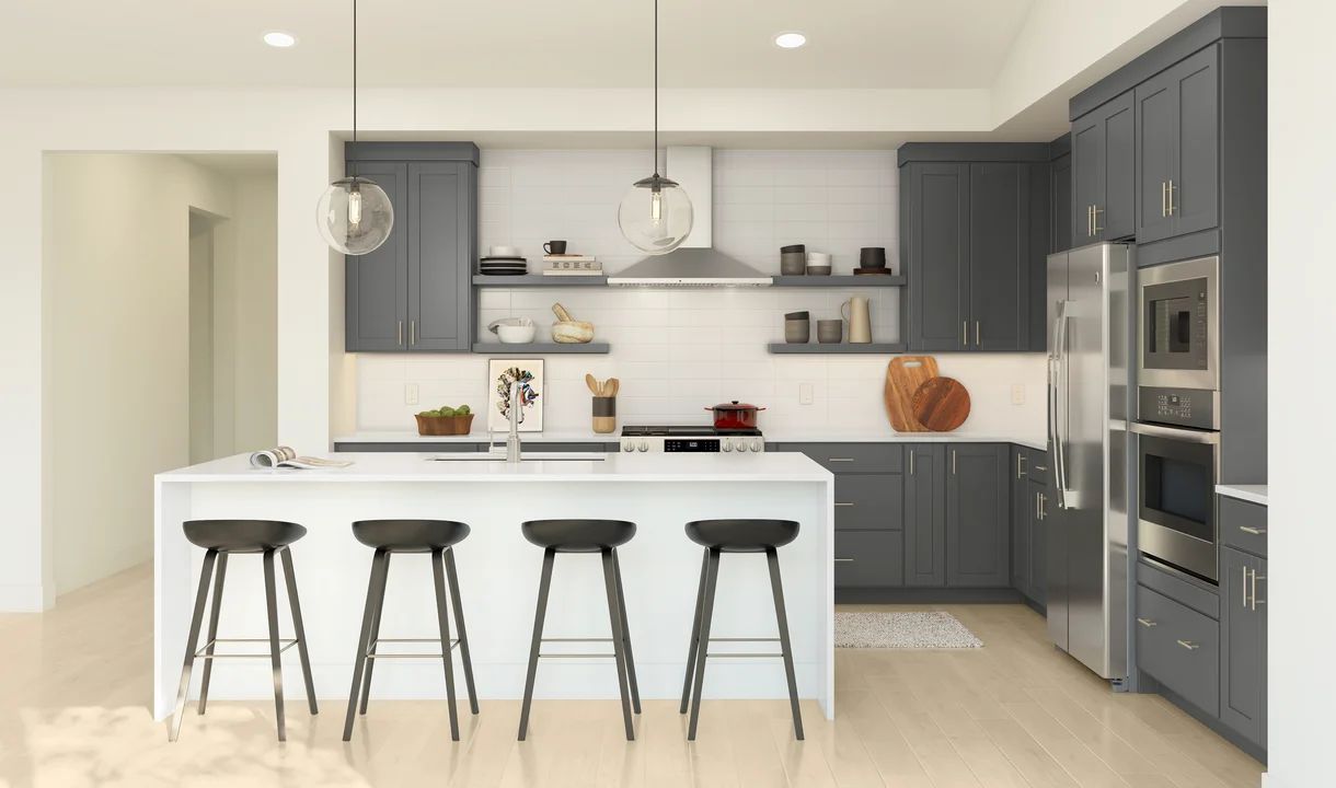 Interior:Kitchen with pendant lighting and floating shelves