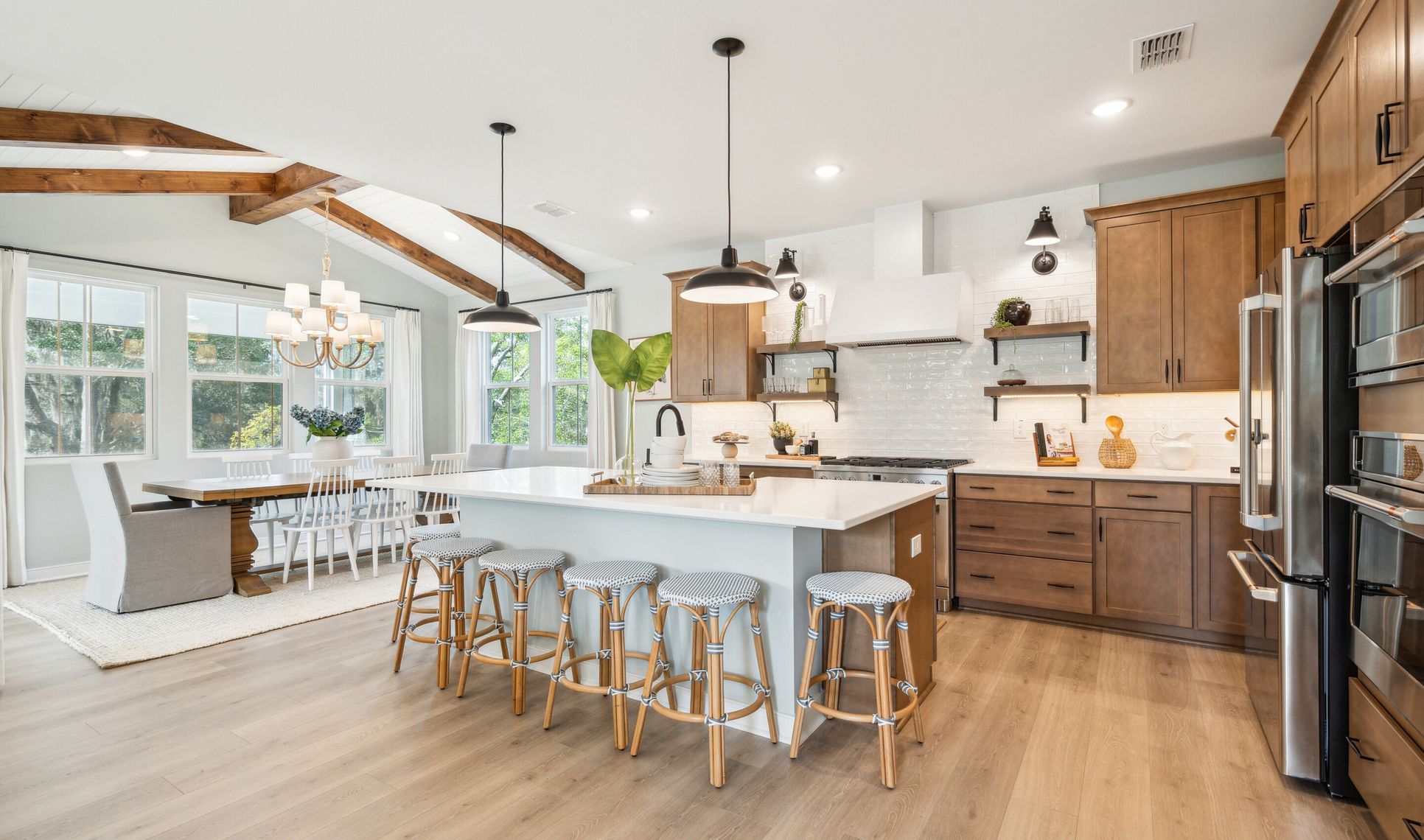 Interior:Kitchen with open shelves & pendant lighting