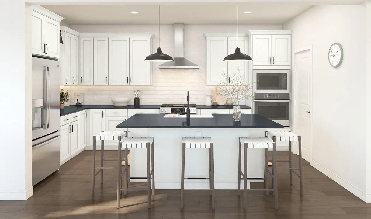 Interior:Kitchen with pendant lighting and floating shelves