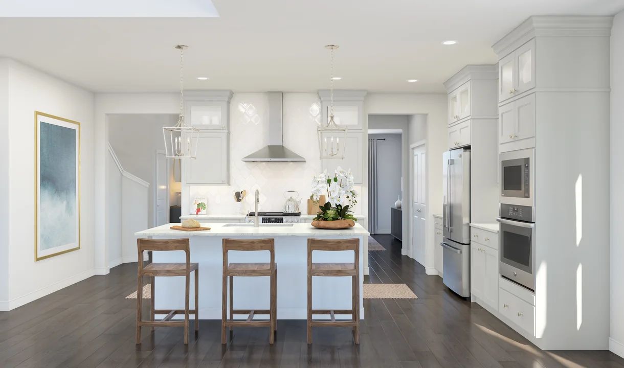Interior:Kitchen with glass upper cabinets and pendant lighting