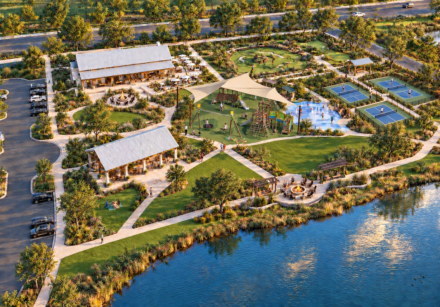 The Farmstead:The Farmstead is Laurelton's first amenity destination with two open air pavilions, a putting and chipping course, a splash pad and playground, 3 pickleball courts, and a lakeside promenade.